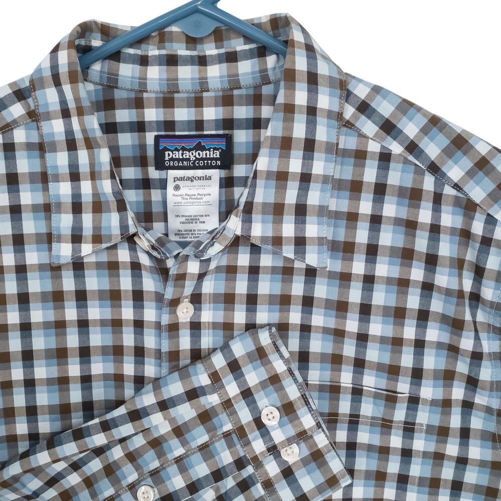 Patagonia Button Down Men's Small Blue Brown Gingham Check Organic Cotton Blend